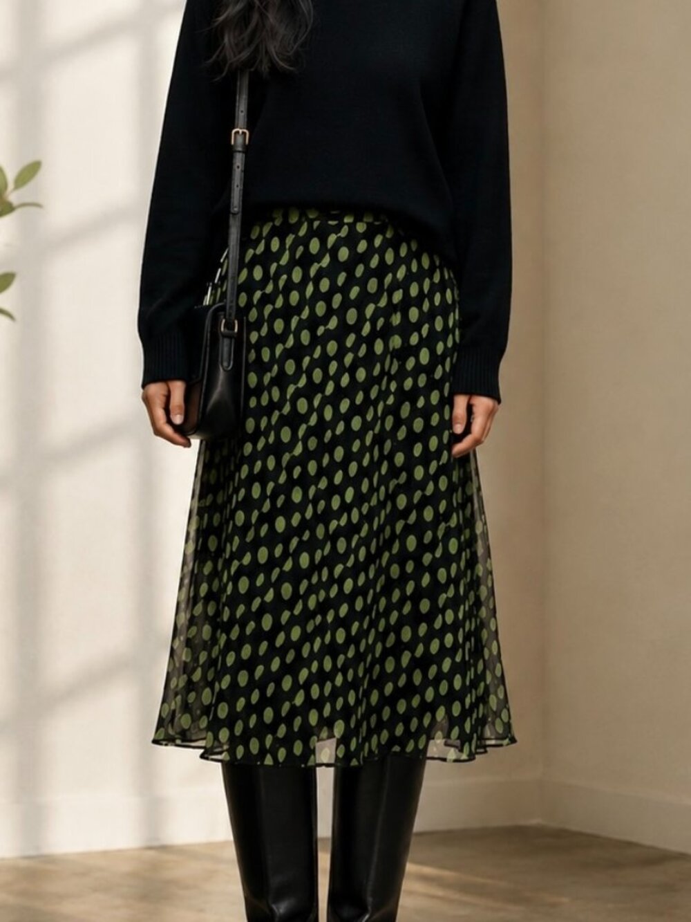 Polka Dot Midi Skirt Green Black Abstract Dots A-Line Flowy (8)